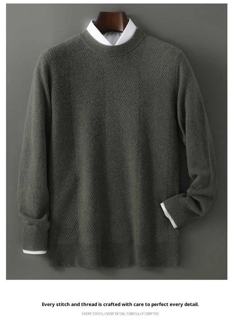 Men's round neck pullover wool knitted sweater in mild beige with long sleeves