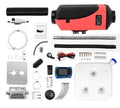 Red and black auxiliary diesel air heater unit with pipes and wiring for vehicle installation.