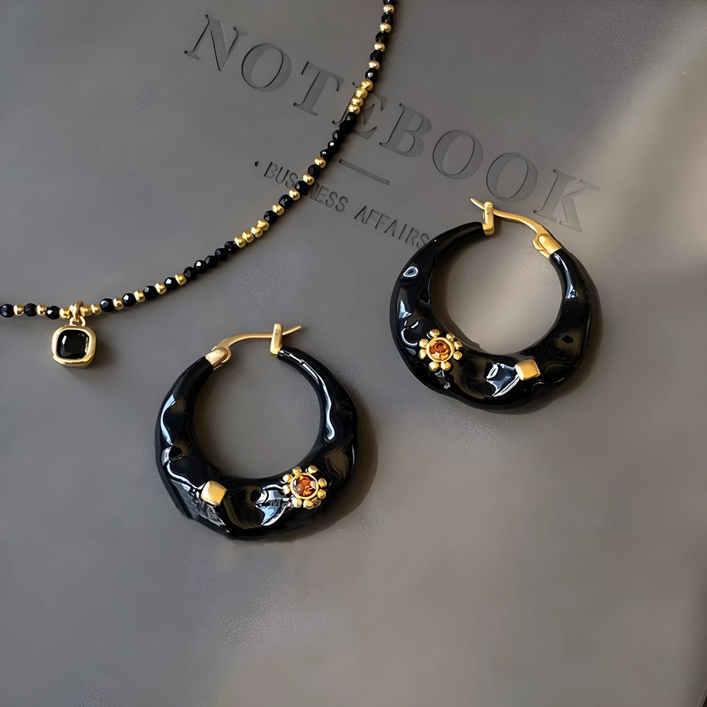 Hong Kong style retro ear studs with rhinestone inlay dripping oil treatment alloy metal earrings