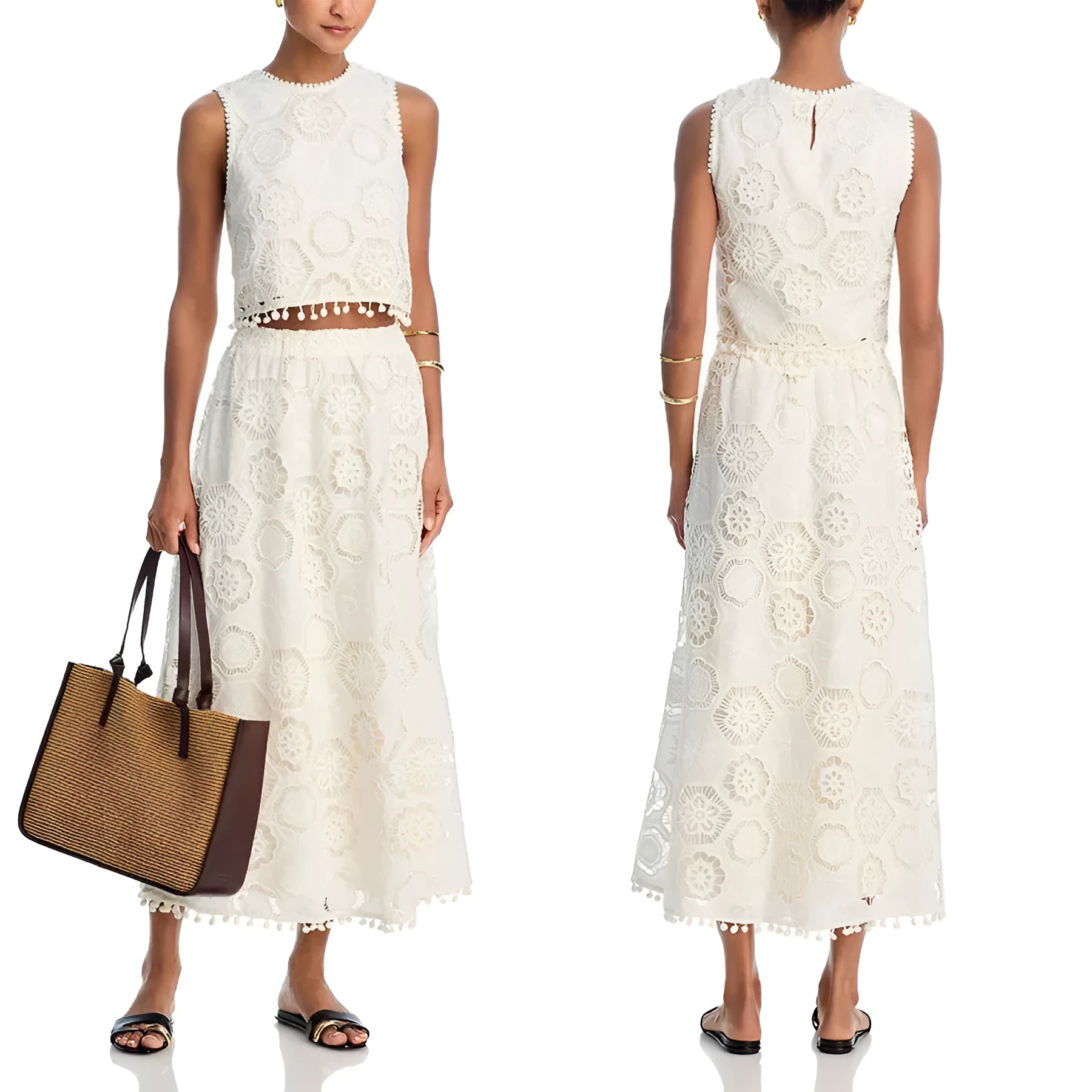 White women's retro style suit set with sleeveless top and embroidered long skirt
