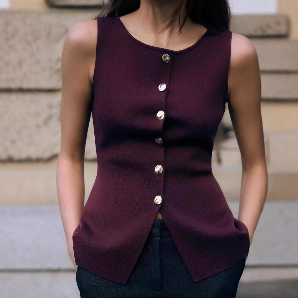 Dark red women's sleeveless sweater vest with gold buttons and 3D pattern detail