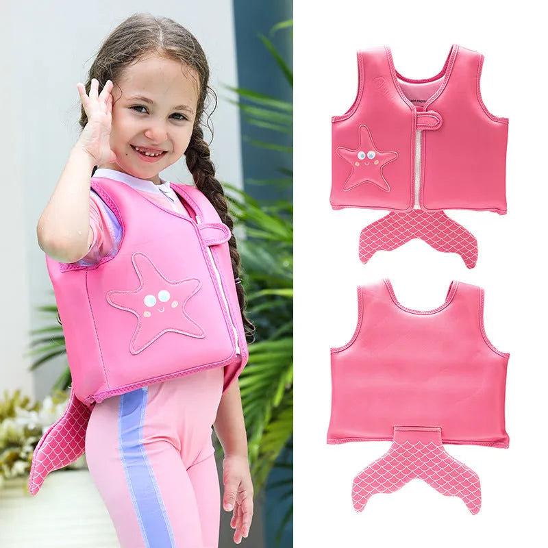 Children's foam swim vest in buoyancy vest pink strawberry colour, flower print pattern, nylon construction for swimming auxiliary