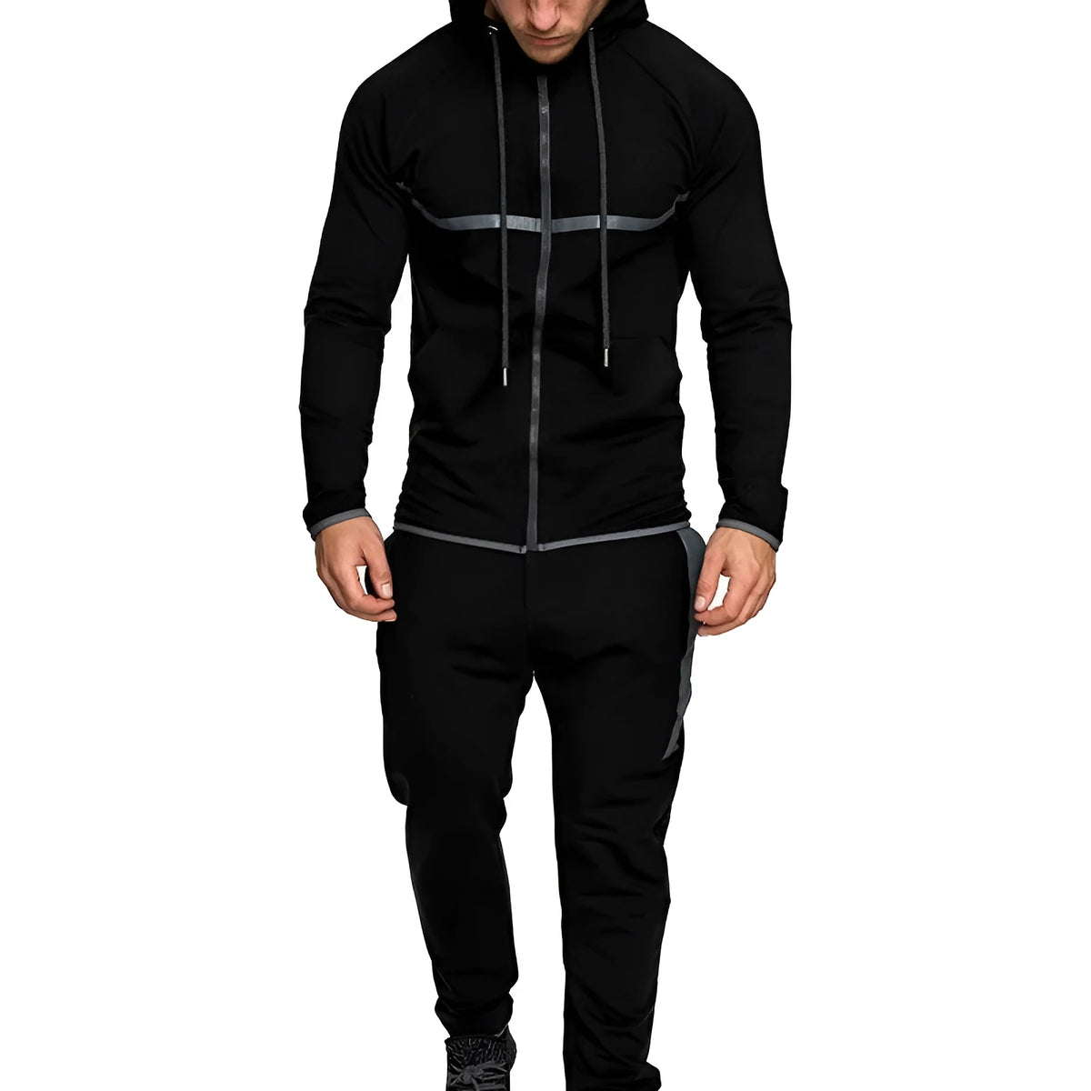 Men's cotton knit hooded tracksuit set with snowflake pattern, top and trousers, black dark grey army green