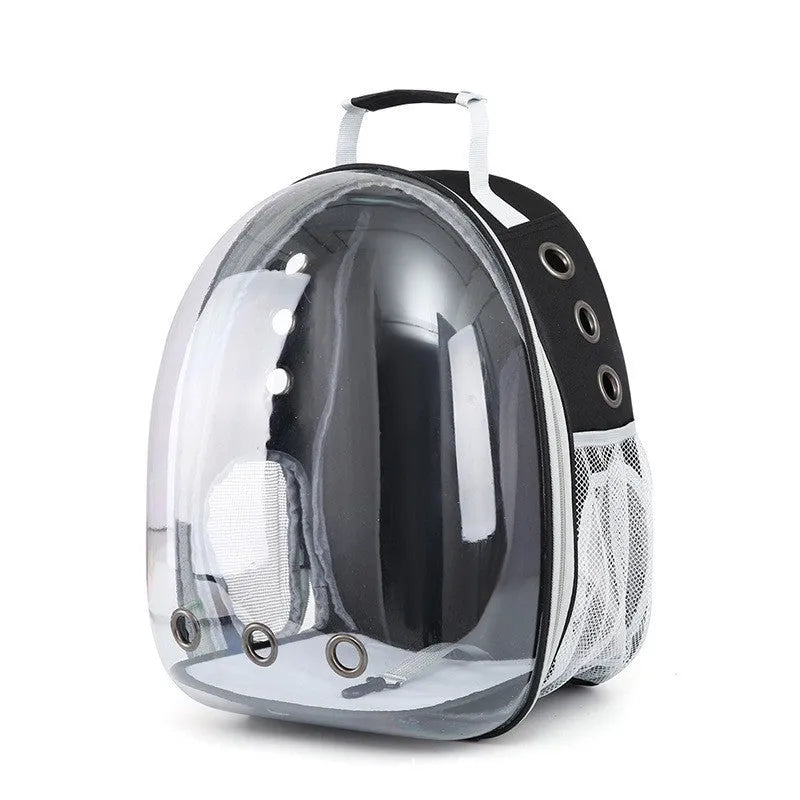 Grey astronaut dome-shaped cat carrier bag with a side opening for pet access.