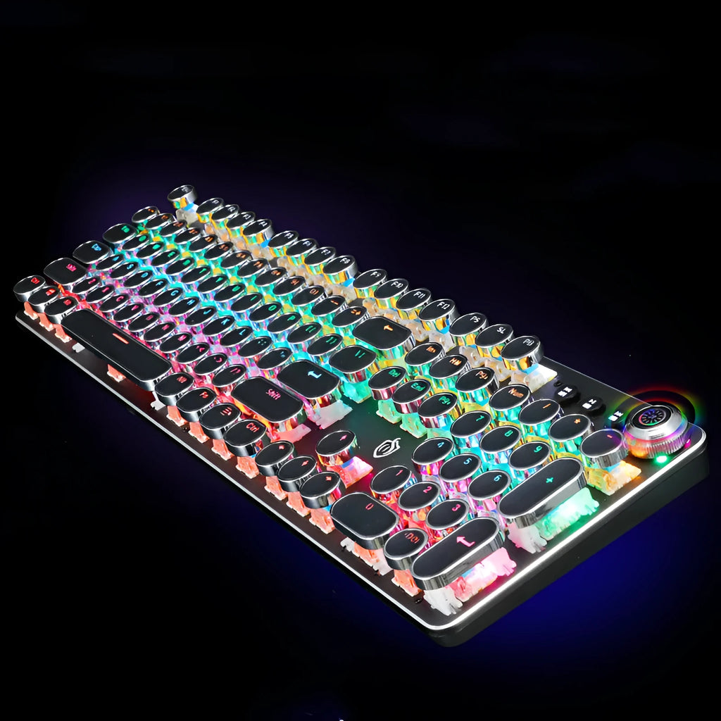 Retro punk electroplated knob mechanical keyboard with 104 keys, USB wired connection and seven-colour backlight in black or white
