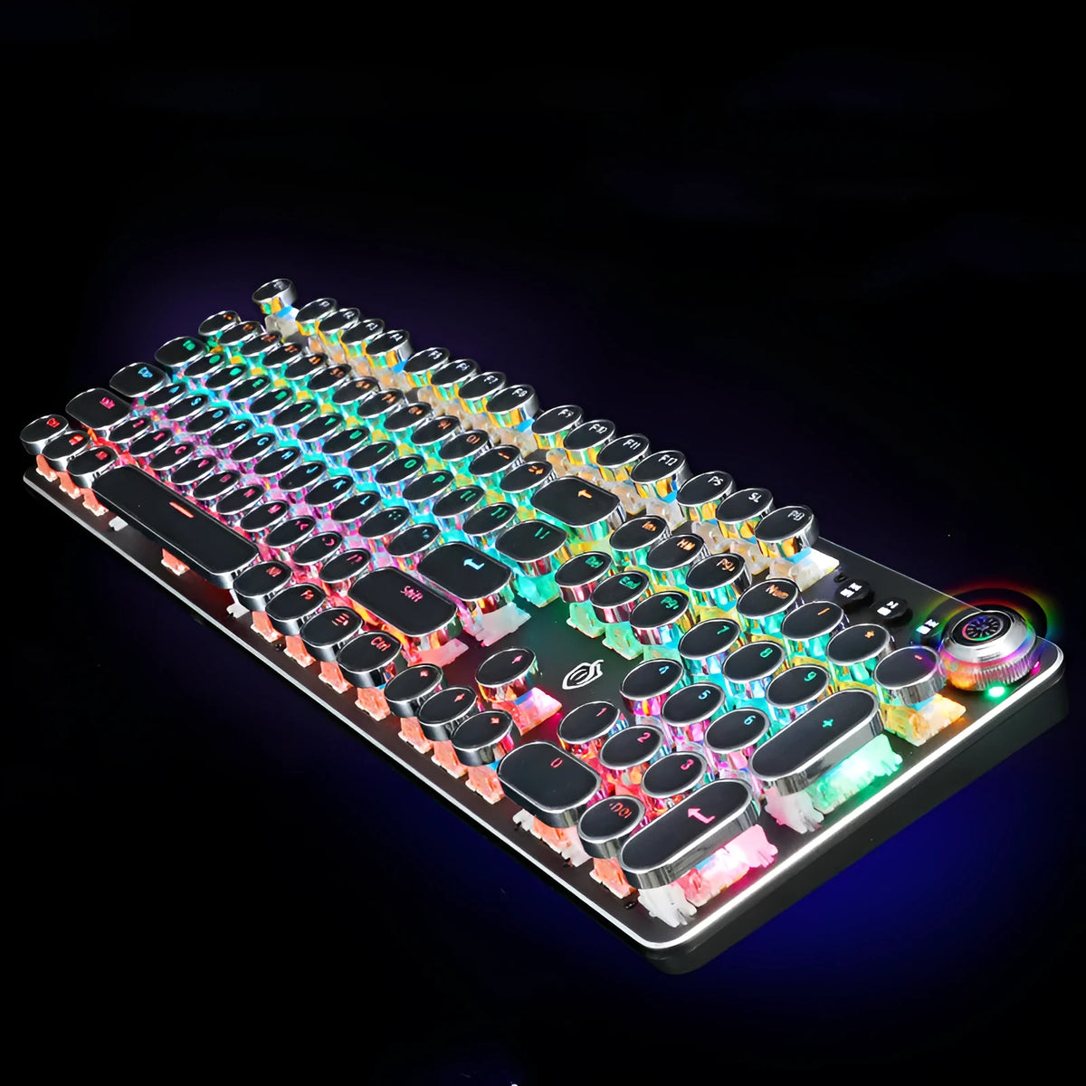 Retro punk electroplated knob mechanical keyboard with 104 keys, USB wired connection and seven-colour backlight in black or white