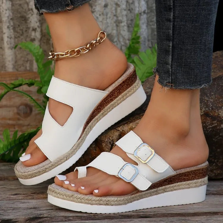 White woven patent leather wedge sandals with peep toe and finger fit design
