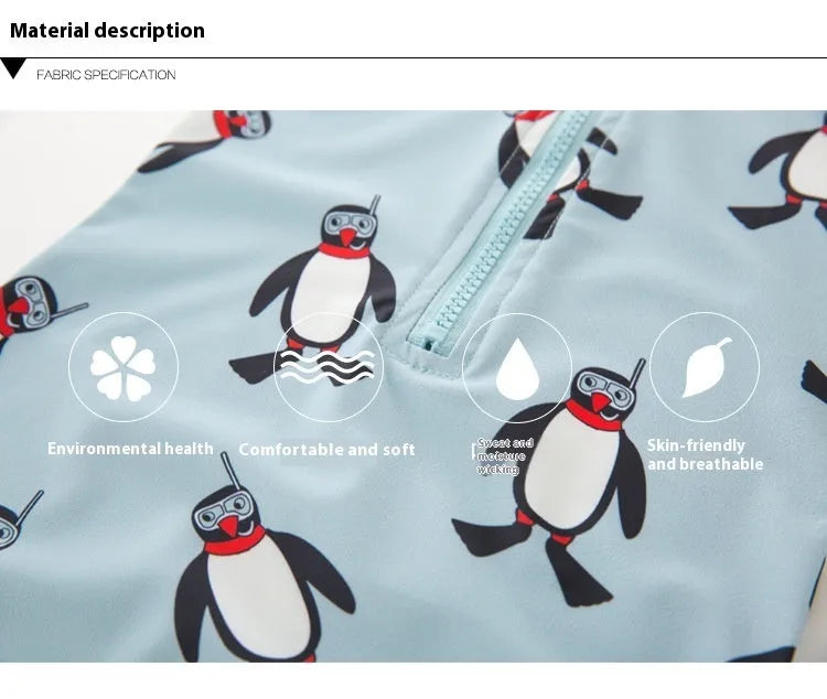 Boys' penguin print long sleeve swimsuit with matching swimming cap for sun protection