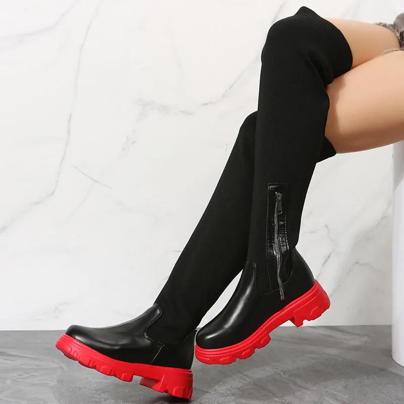 Women's knee high boots in black or red with side zipper, 3-5 cm square mid heel, artificial PU upper, and rubber sole.