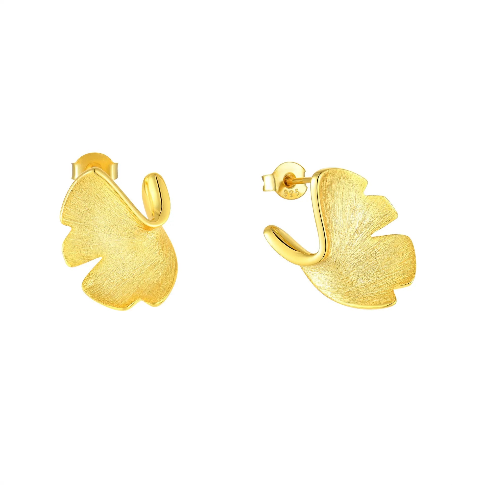 925 sterling silver stud earrings with 14k gold plated ginkgo biloba leaf design in gold colour