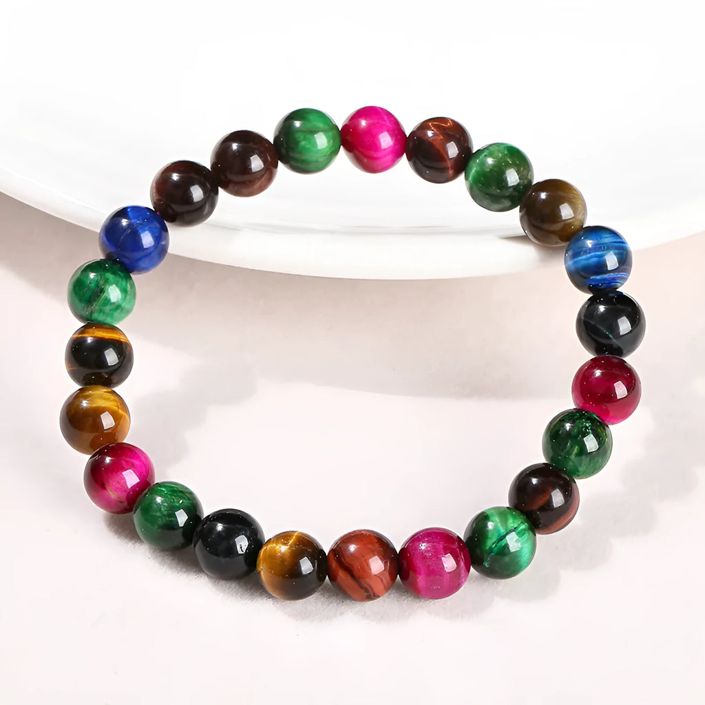 Colourful tiger-eye bracelet with 6mm 8mm 10mm 12mm round beads on mixed string