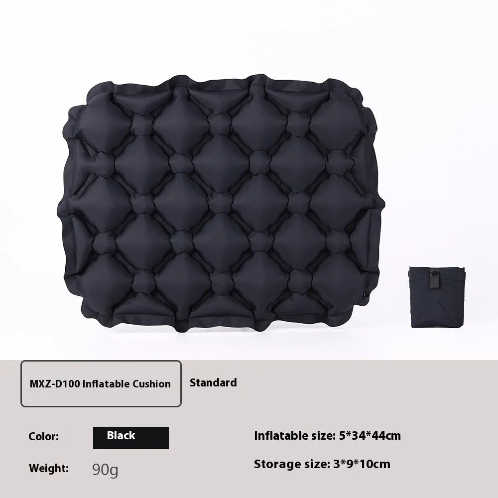 Inflatable camping cushion in grey, 40D nylon TPU, measures 5x34x44cm, lightweight and waterproof for outdoor use