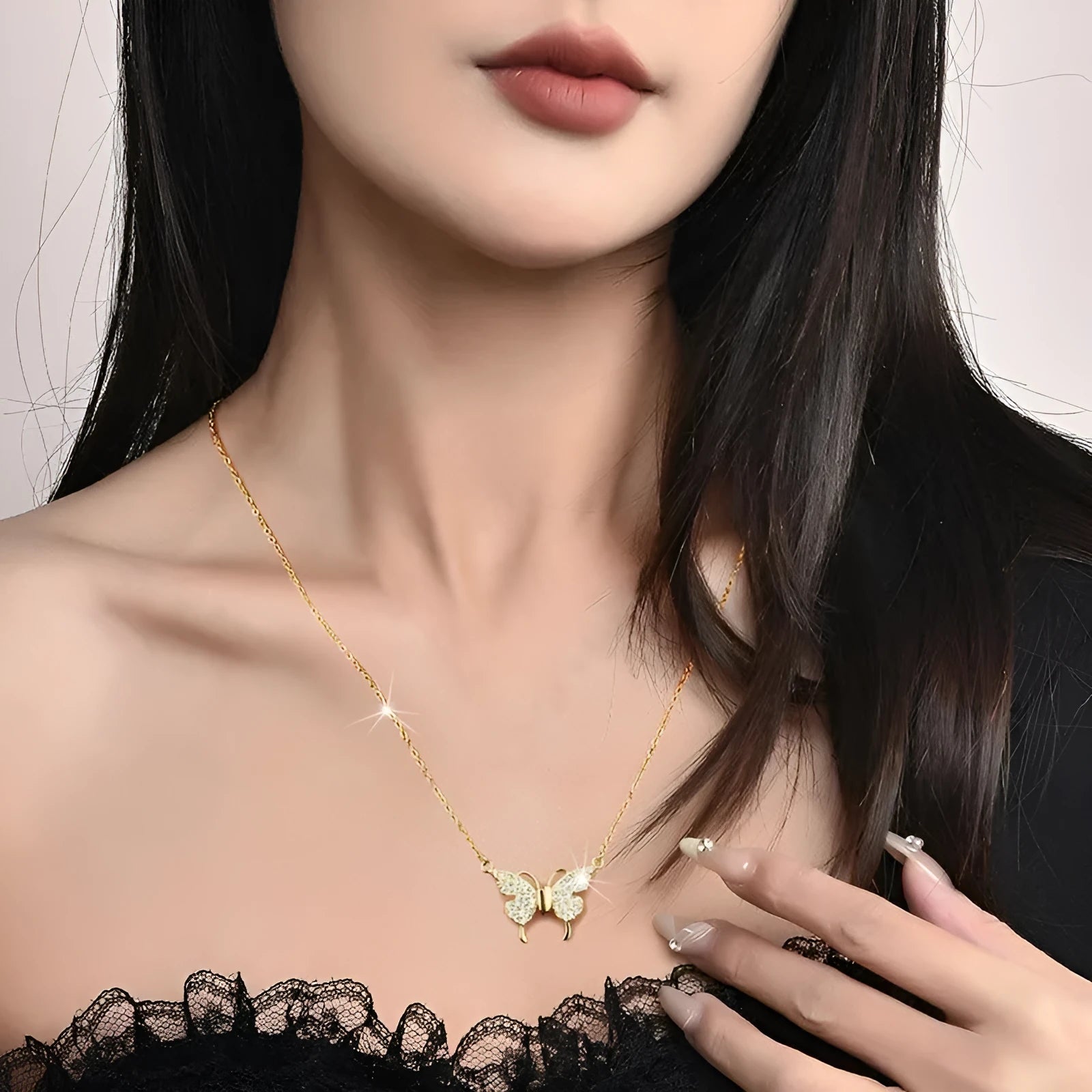 Gold titanium steel clavicle chain necklace with magnetic butterfly pendant on twisted chain