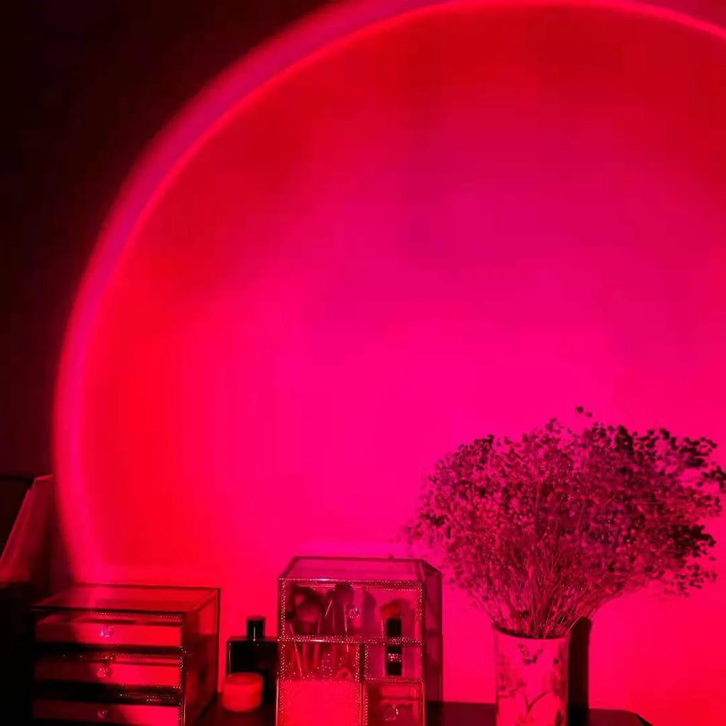Red sunset and rainbow projection lamp with USB rechargeable operation and push-button controls