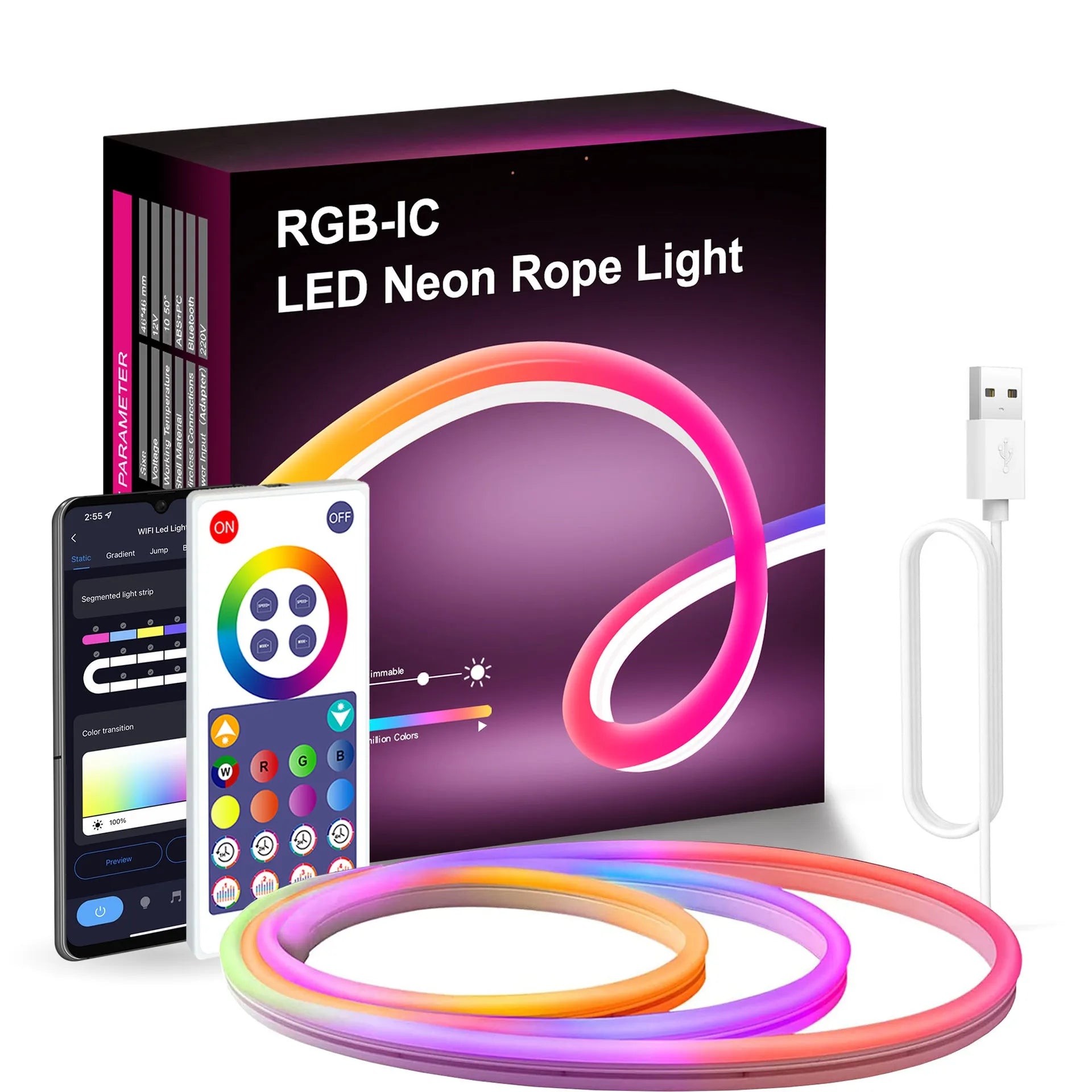 3 metre RGB magic colour LED neon light strip with Bluetooth and WiFi remote control