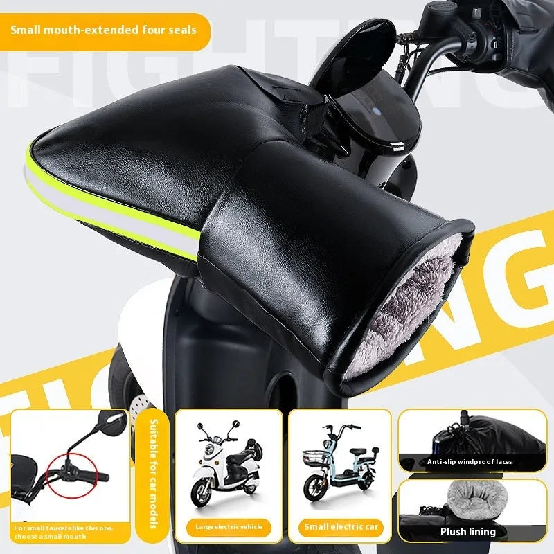 Electric motorcycle winter thermal waterproof handle grip gloves with fleece lining in gray reflective stripe style