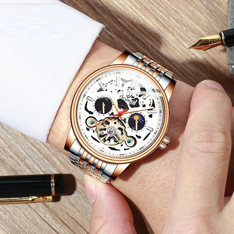 Men's mechanical tourbillon watch with luminous hands on leather strap