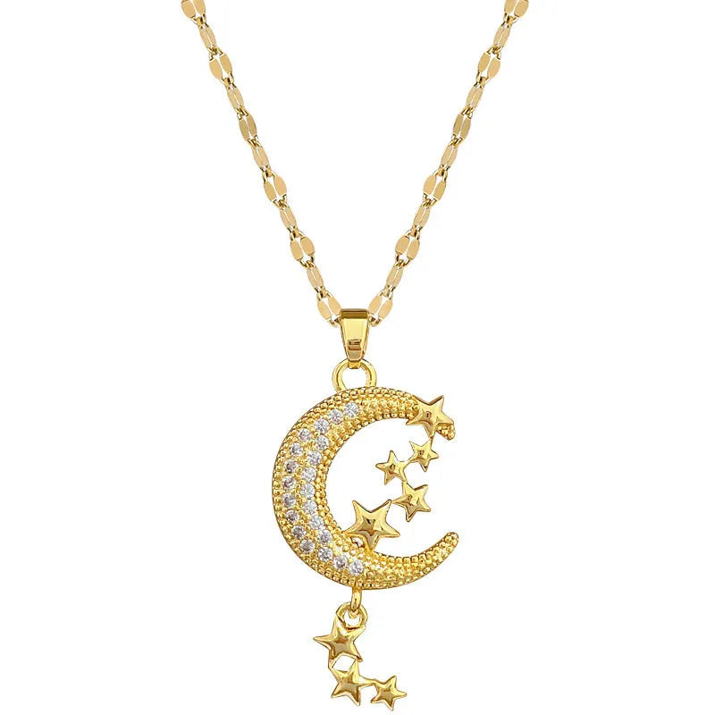 Moon tassel necklace in stainless steel with copper geometric pendant on image-style chain