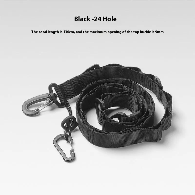 Black woven rope storage belt shown at full 130cm length, suitable for hanging and organising.