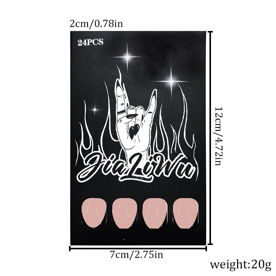 Set of 24 black French manicure false nails in short almond shape, J049 colour