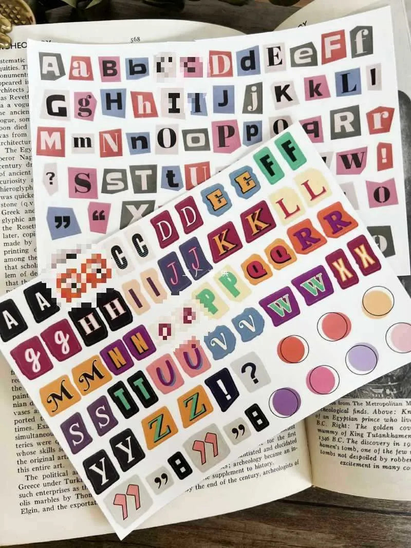 English letters and numbers label sticker sets showing alphabet series A through E with week words in cute style