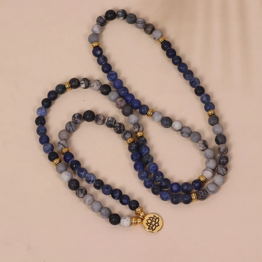 Blue patterned network stone bead multi layer bracelet with adjustable alloy clasp
