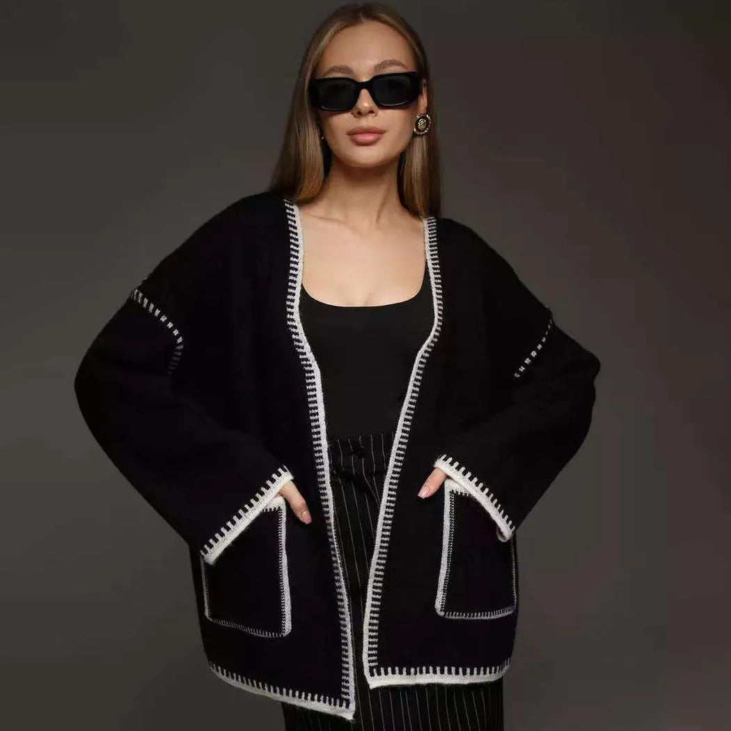 Loose knitted cardigan sweater coat with lace-up front detail in camel colour