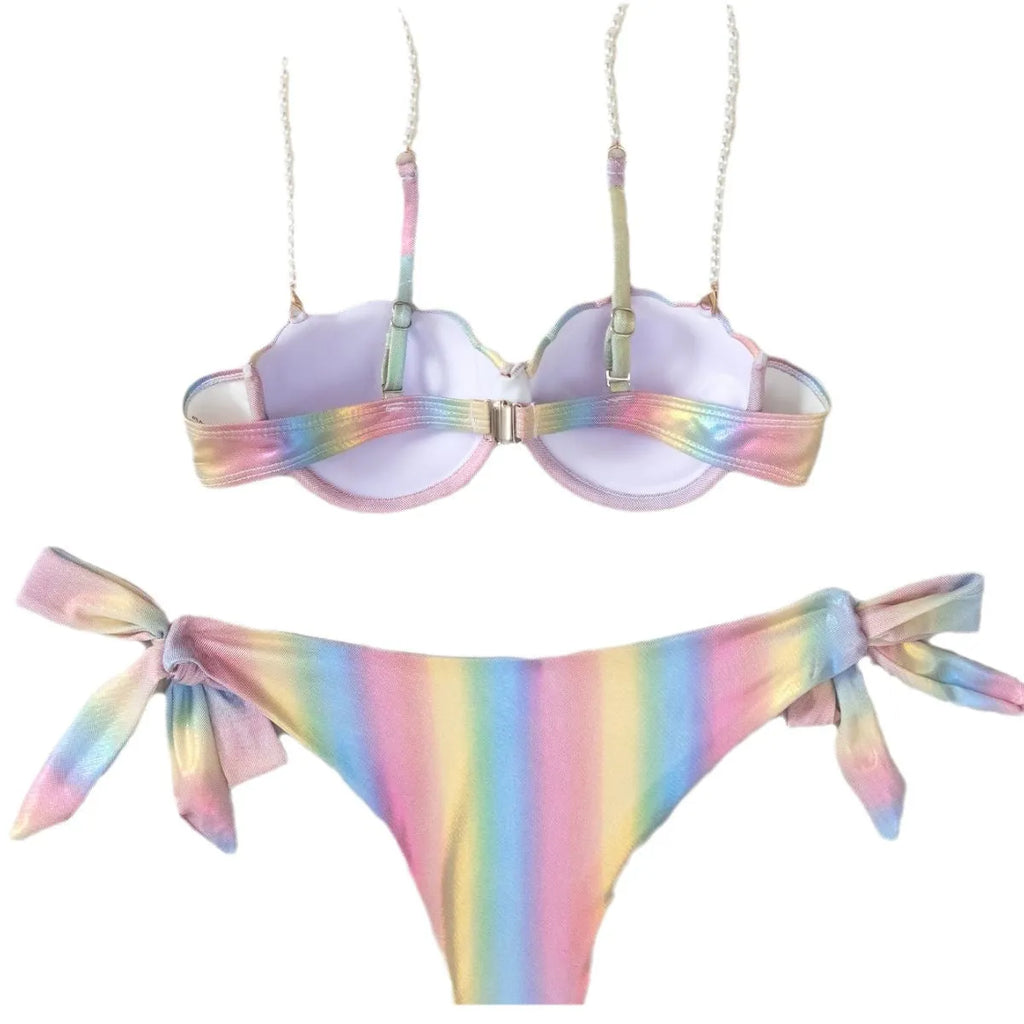 Women's rainbow coloured split tied bikini swimsuit on mannequin
