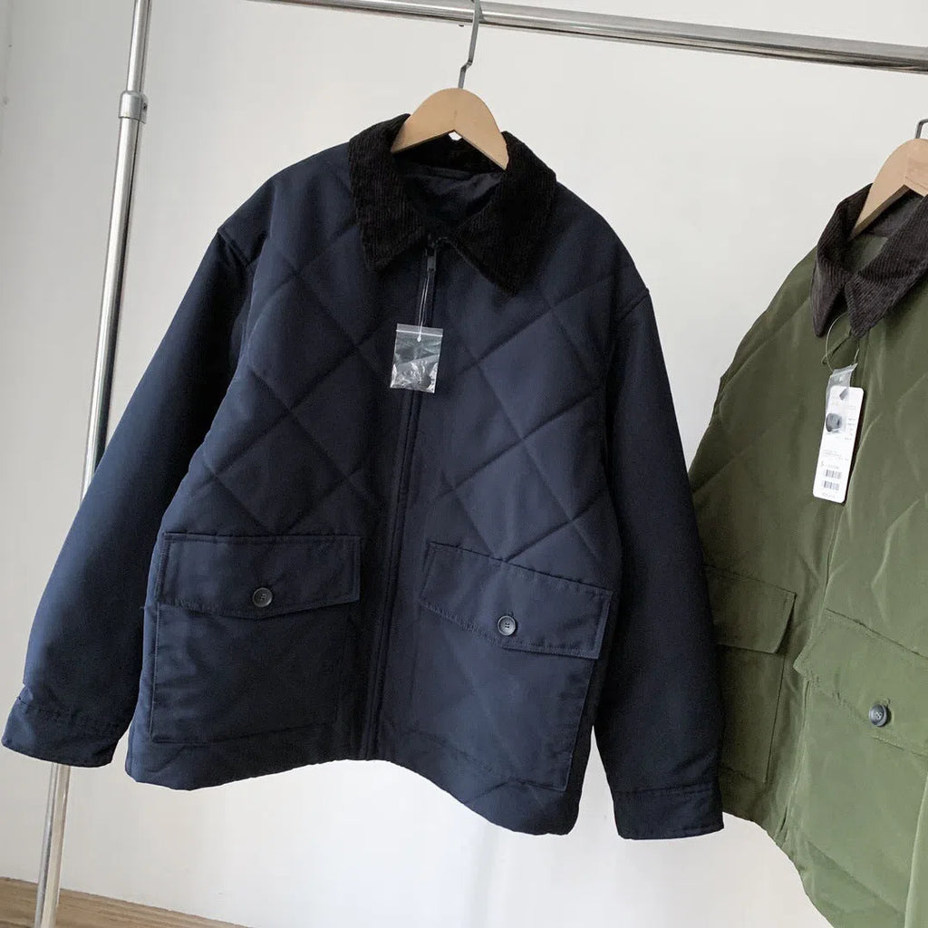 Men's autumn winter thickened nylon jacket in Navy Blue with two-colour collage stitching, loose fit, front view