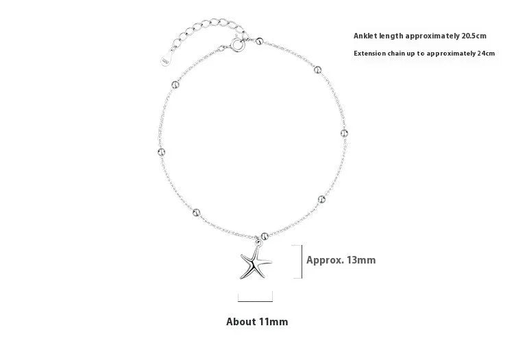 S925 sterling silver anklet with a starfish charm on a round beaded chain.