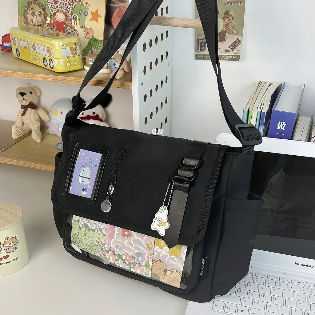 Canvas crossbody bag, horizontal square, 33x27x15cm, waterproof, soft, with optional pendant, black blue white yellow