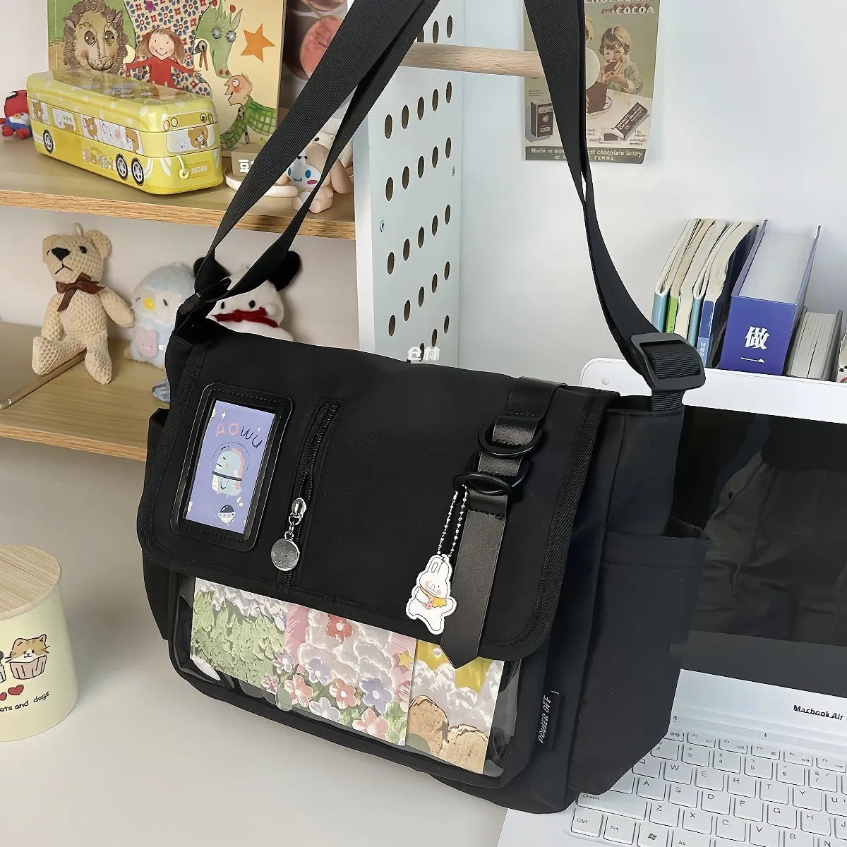 Canvas crossbody bag, horizontal square, 33x27x15cm, waterproof, soft, with optional pendant, black blue white yellow