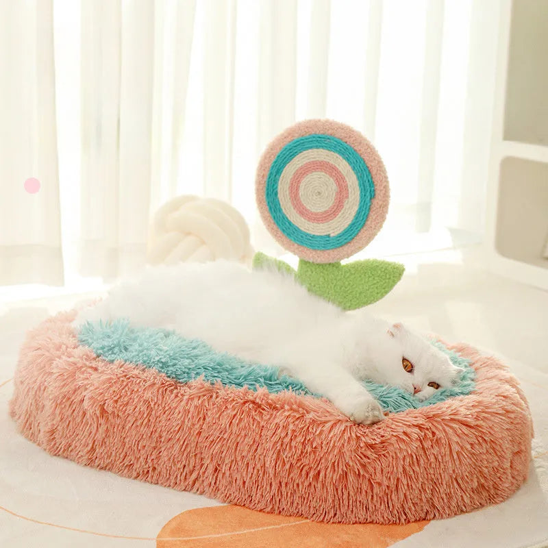 Pink elliptical plush cat nest bed, disassembled to show washable design.