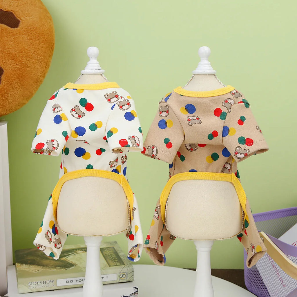 Beige dog jumper with colourful ball bear print, made from cotton and spandex.