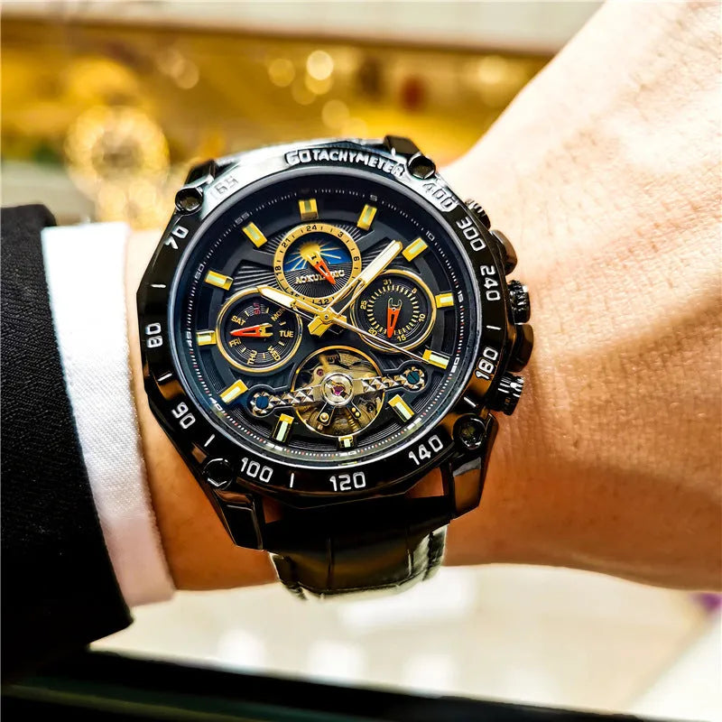 Men's automatic mechanical watch with a slim 12mm case shown in multiple colour variants.