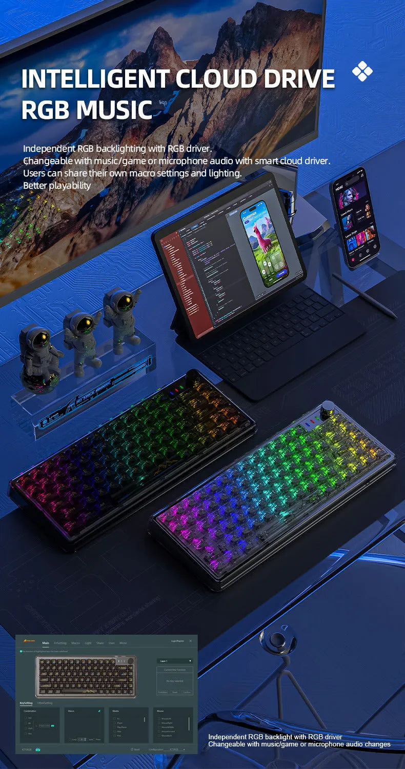 Attack Shark K75RGB white transparent wireless mechanical keyboard with RGB lighting on a desk