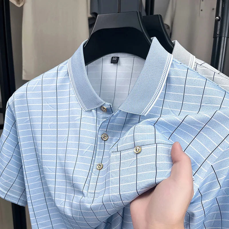 Men's ice silk plaid pullover summer top in light blue or light grey, loose fit, sizes M to XXXXL