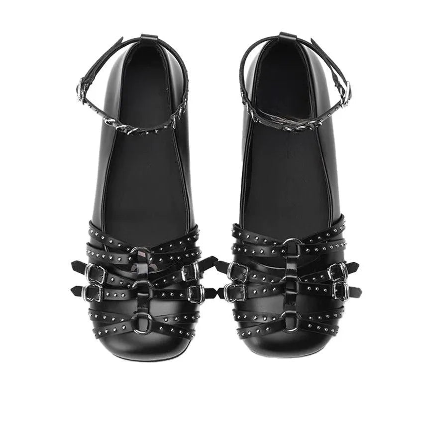 Women's black genuine leather retro flats with buckle closure and square toe design