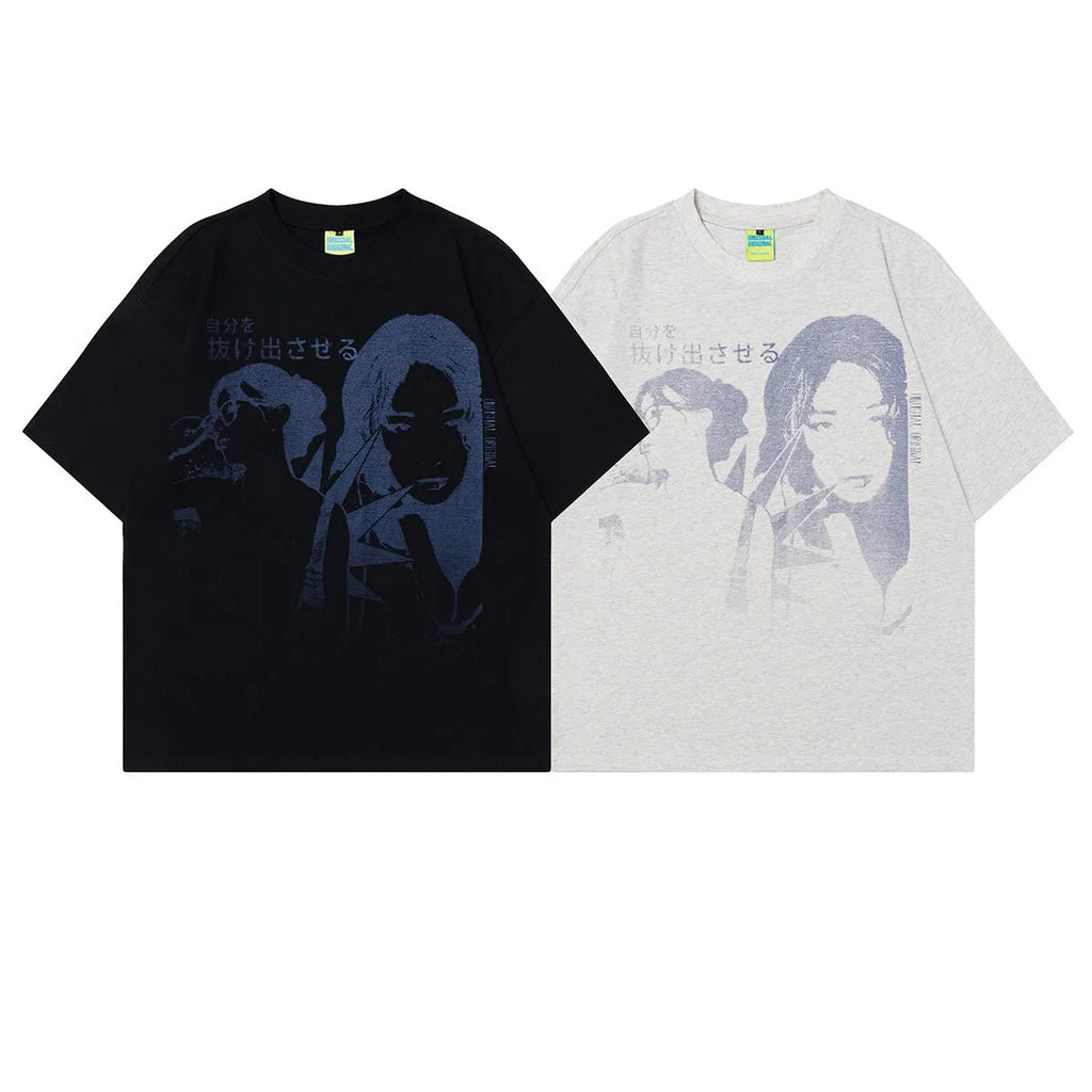 Men's grey loose-fit t-shirt featuring a retro character print design on the front.
