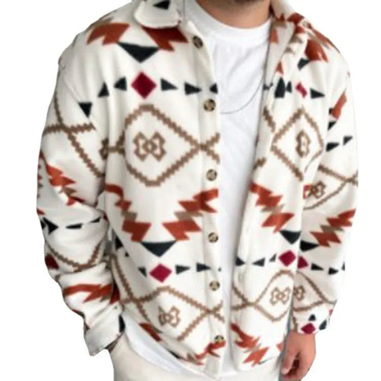 Men's white retro ethnic print brushed cotton shirt jacket with lapel collar and long sleeves