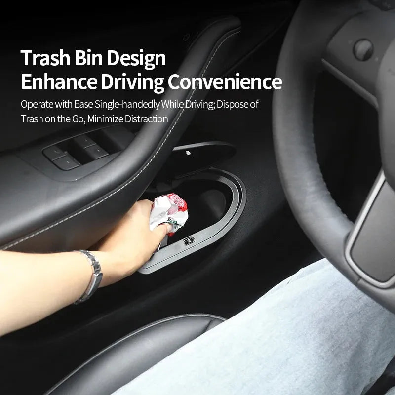 Two black ABS plastic car door trash cans designed for Tesla Model Y front door storage.