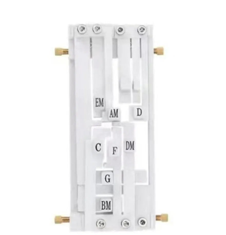 Black automatic guitar chord changing device for folk music beginners on a guitar neck.