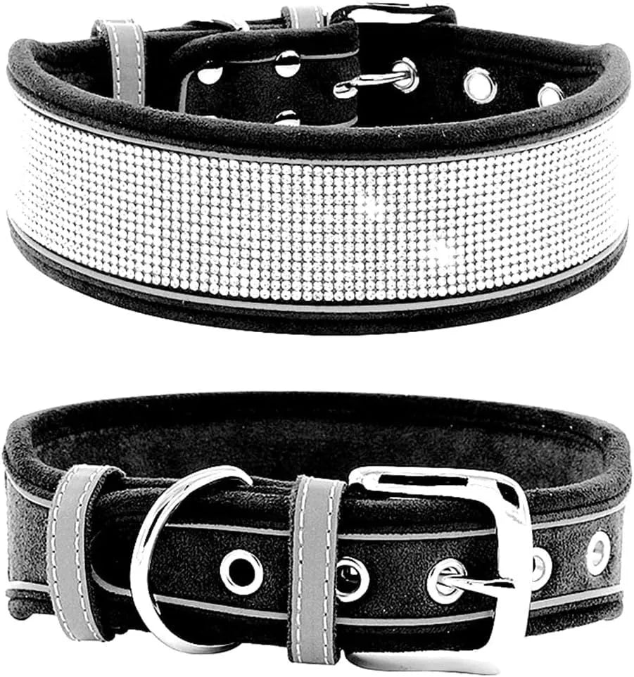 Suede reflective dog collar with hand rope, available in S M L sizes and multiple rhinestone colours