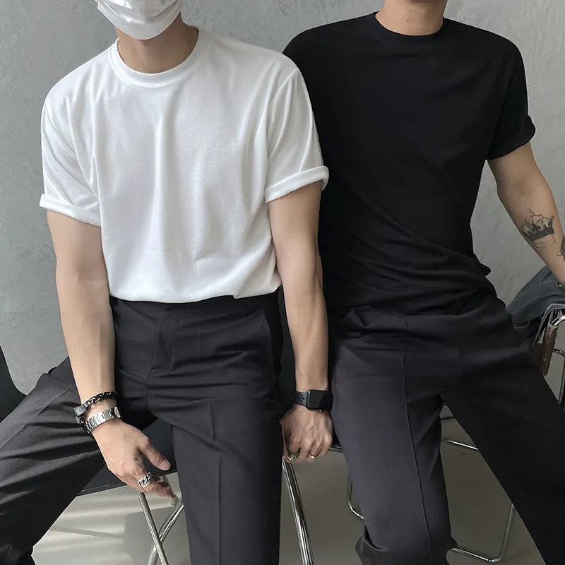 Men's slim fit cotton T-shirt with round neck and short sleeves in white solid colour