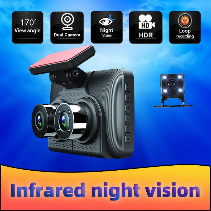 Black 4 inch touch screen car dashcam with wide angle lens mounted on windshield
