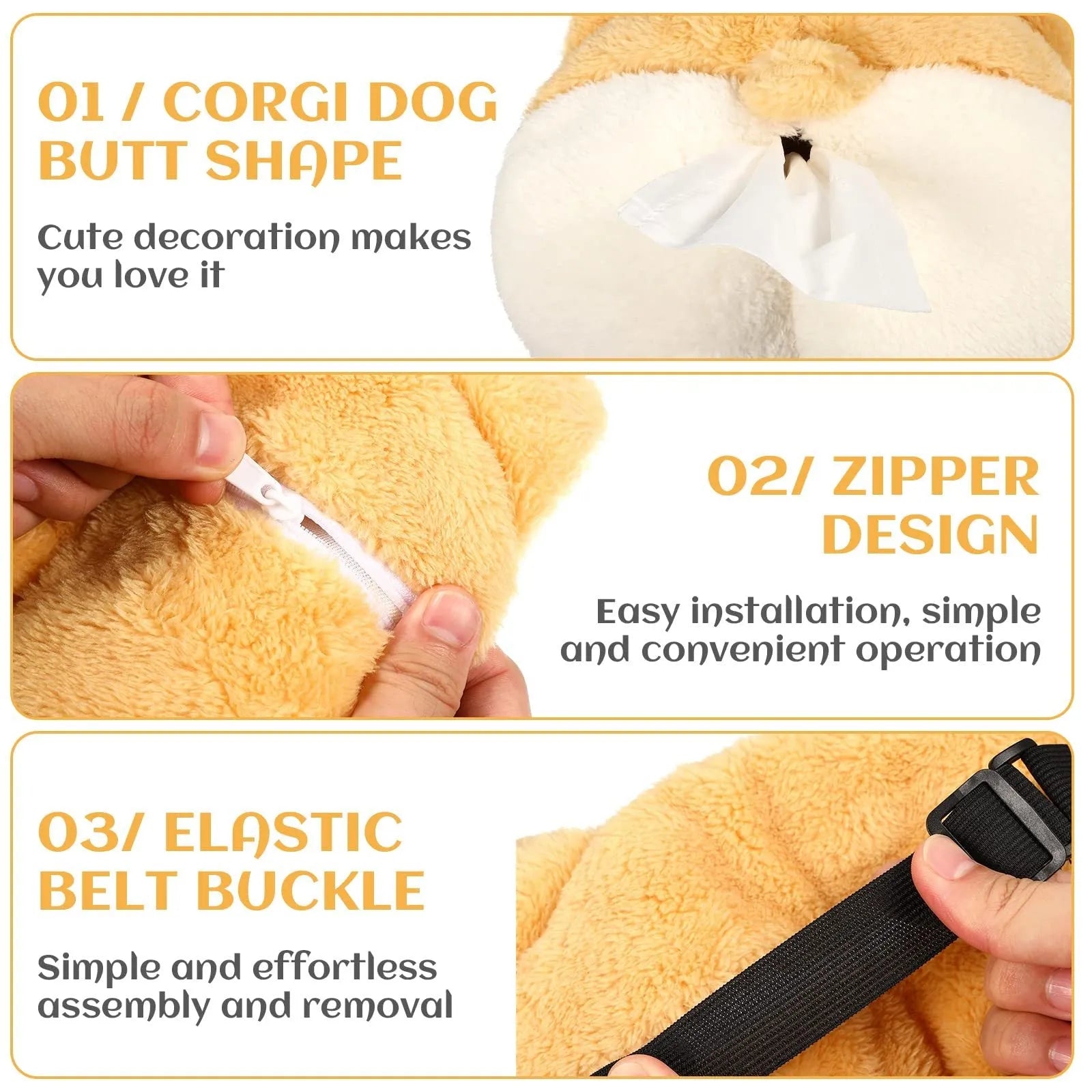 Yellow corgi butt shaped tissue box cover with elastic strap for car sun visor