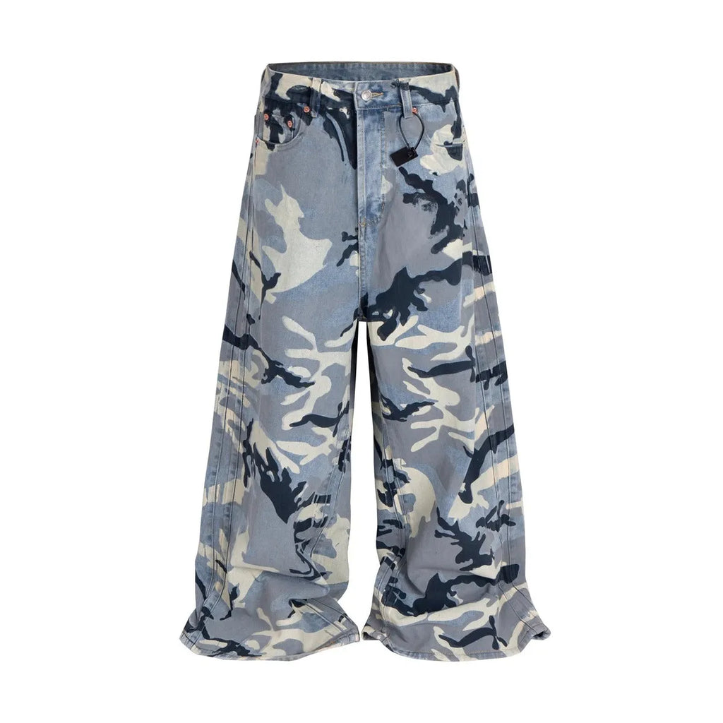 Snow camouflage blue jeans loose fit micro-elastic denim trousers mid waist