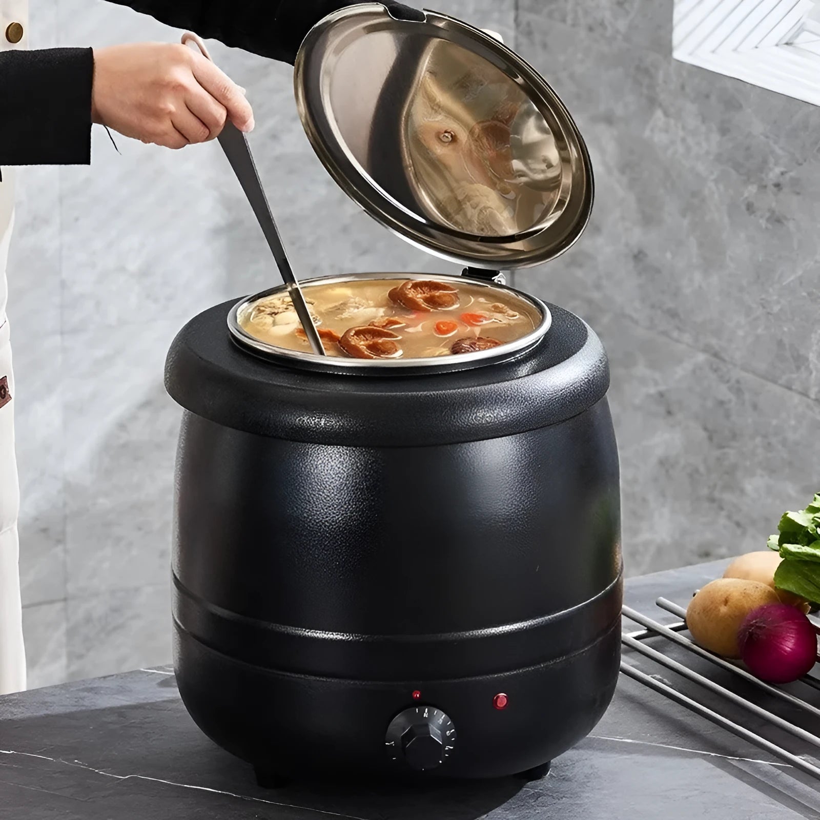 Black stainless steel electric heating soup pot with large mouth cover and 10L capacity