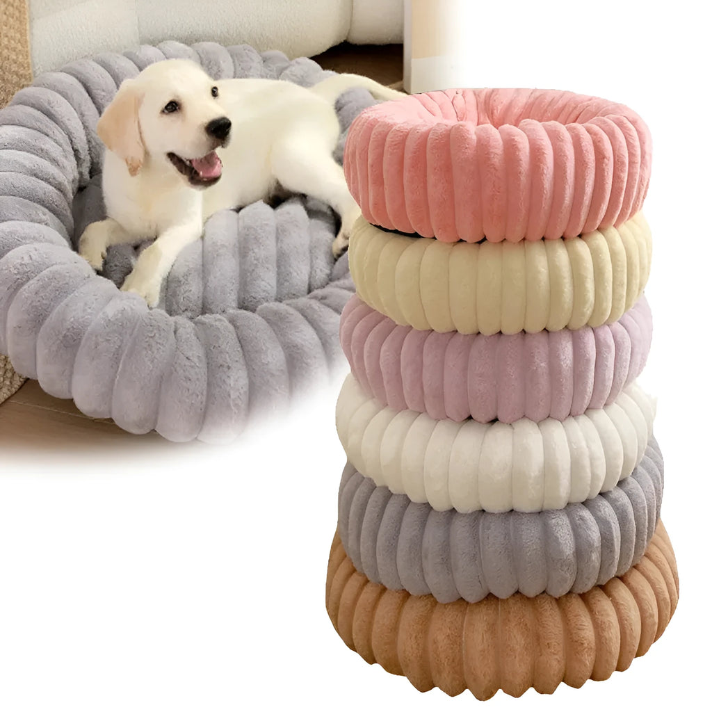 Round long plush dog bed in gray on floor, super soft warm pet sofa with raised edges