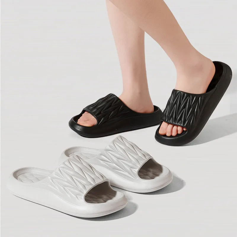Leaf texture design EVA slippers in multiple colours on a white background.